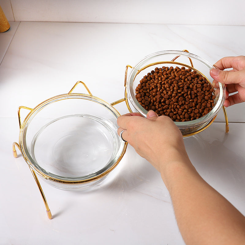 Glass Cat & Dog Bowl with Iron Stand – Stylish Elevated Pet Feeder