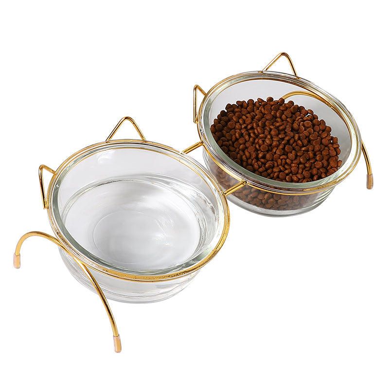 Glass Cat & Dog Bowl with Iron Stand – Stylish Elevated Pet Feeder