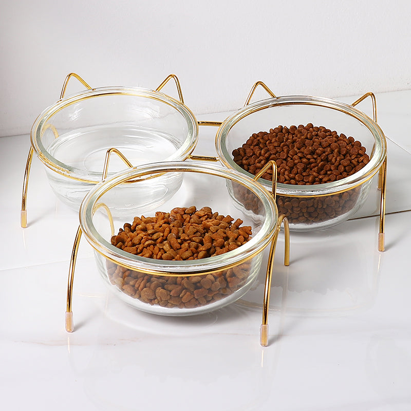 Glass Cat & Dog Bowl with Iron Stand – Stylish Elevated Pet Feeder
