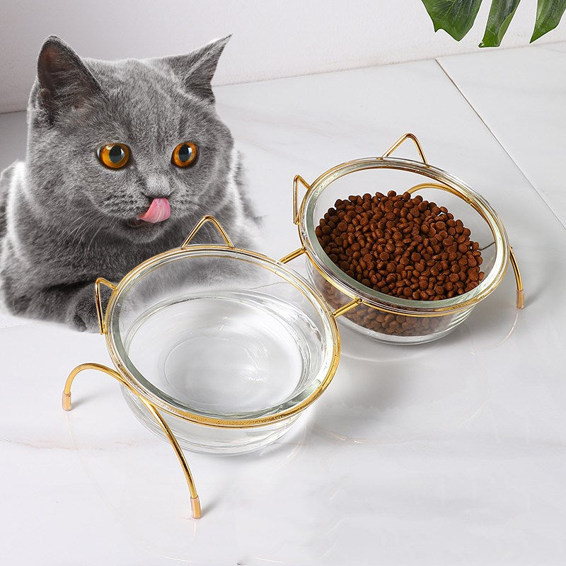 Glass Cat & Dog Bowl with Iron Stand – Stylish Elevated Pet Feeder